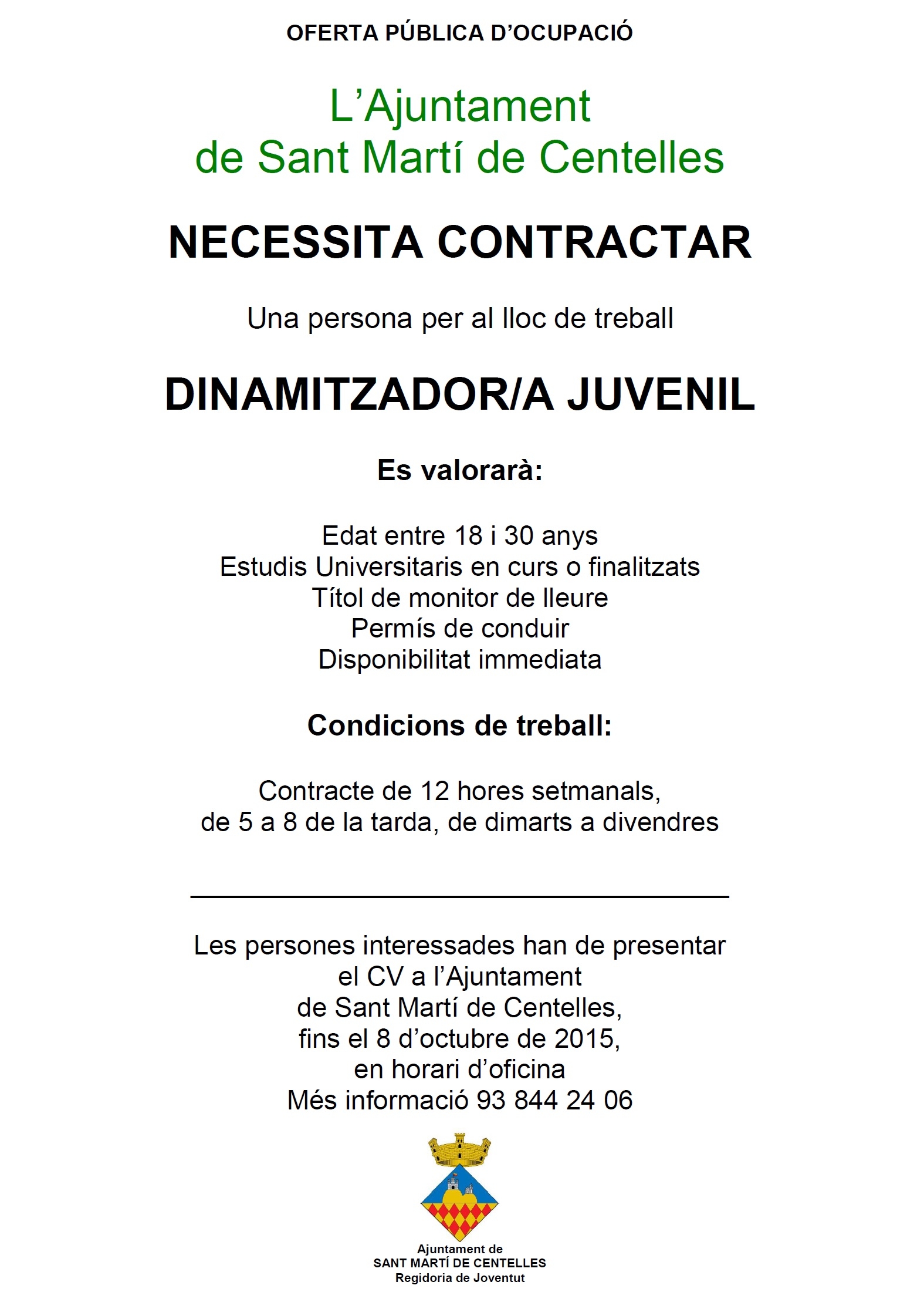 OFERTA DE TREBALL - DINAMITZADOR/A JUVENIL